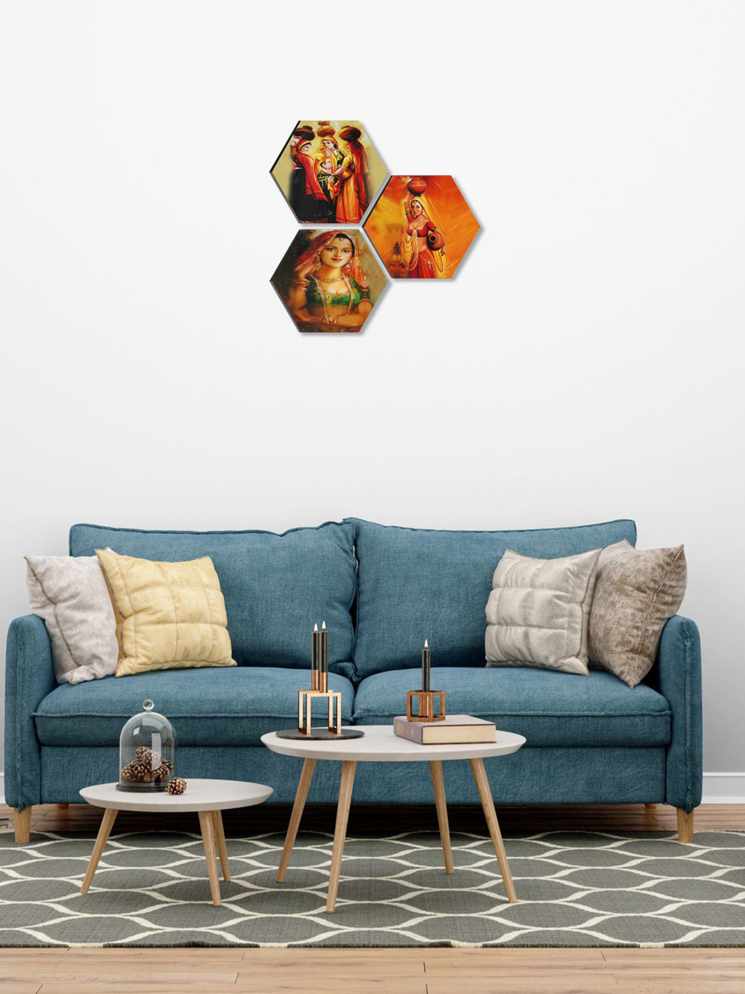 SAF Rajasthani Culture Paper 3 Piece Wall Hexagon Paintings Wall Art