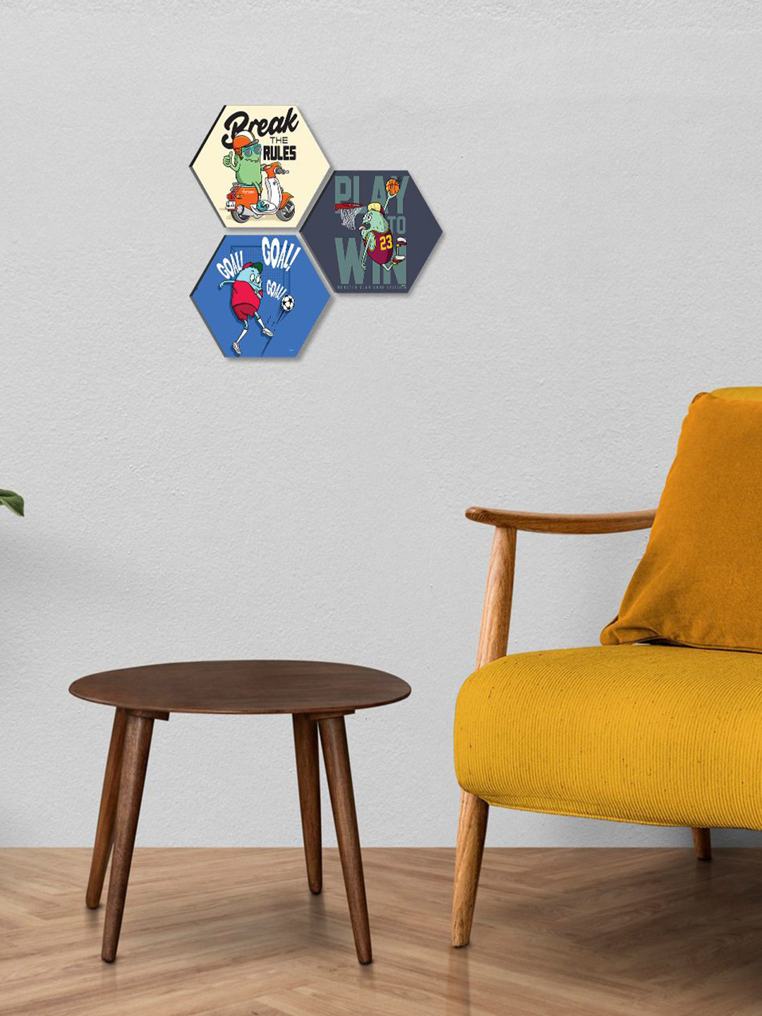 SAF Blue 3 Pieces Printed Hexagon UV Textured Self Adhesive Wall Art