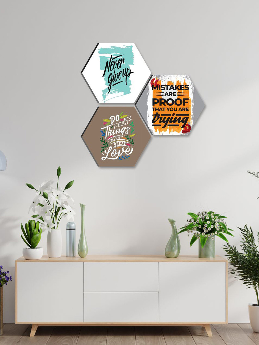 SAF White & Brown 3 Pieces Motivational Quotes UV Textured Self Adhesive Hexagon Wall Arts