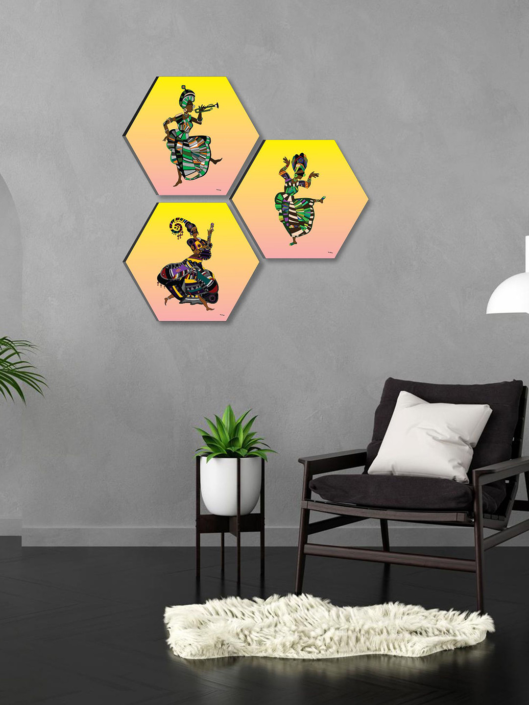 SAF Yellow & Pink 3 Pieces Trible Art Painted Wall Arts