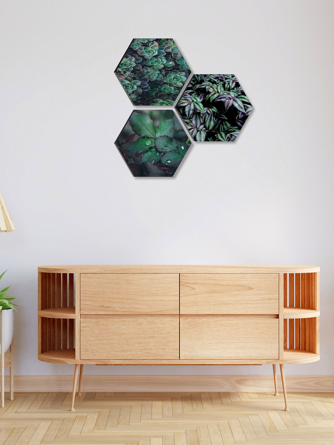 SAF Green 3 Pieces Nature Painting Hexagon UV Textured Wall Art
