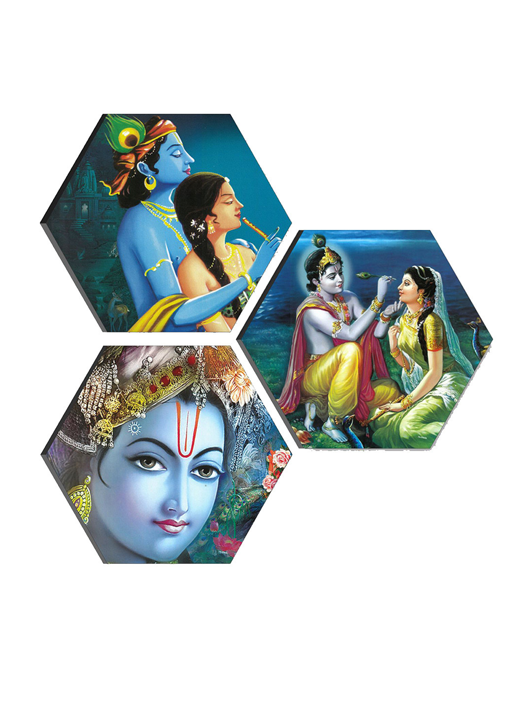 SAF Blue 3 Pieces Radha Krishna Printed UV Coating Wall Art