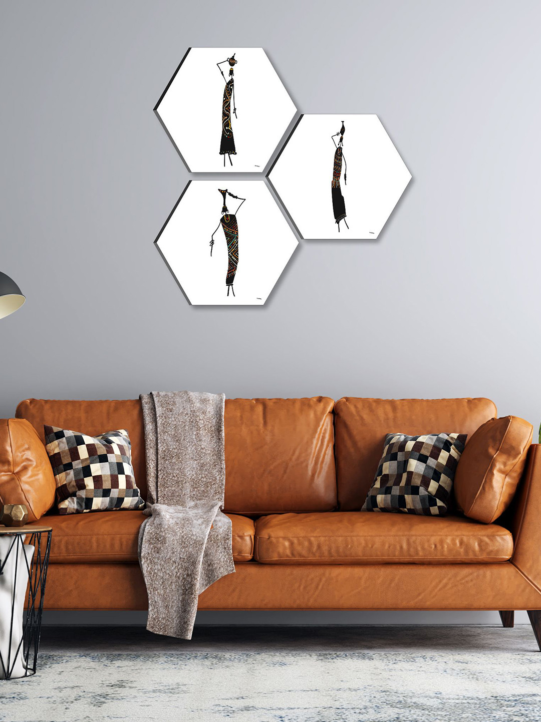 SAF Black & White 3 Pieces Trible Painting Hexagon UV Textured Wall Arts