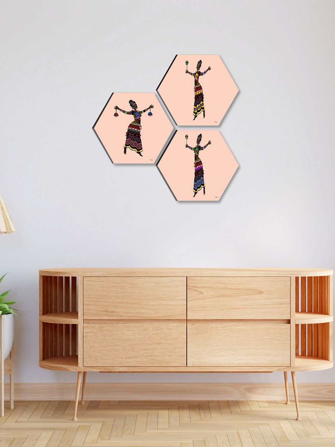 SAF Beige & Black 3 Pieces Trible Painting Hexagon UV Textured Wall Arts