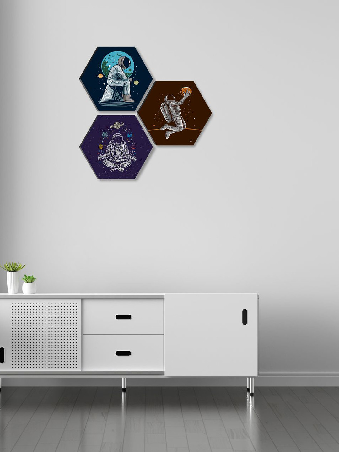 SAF Blue & Red 3 Pieces Painting Hexagon UV Textured Wall Arts