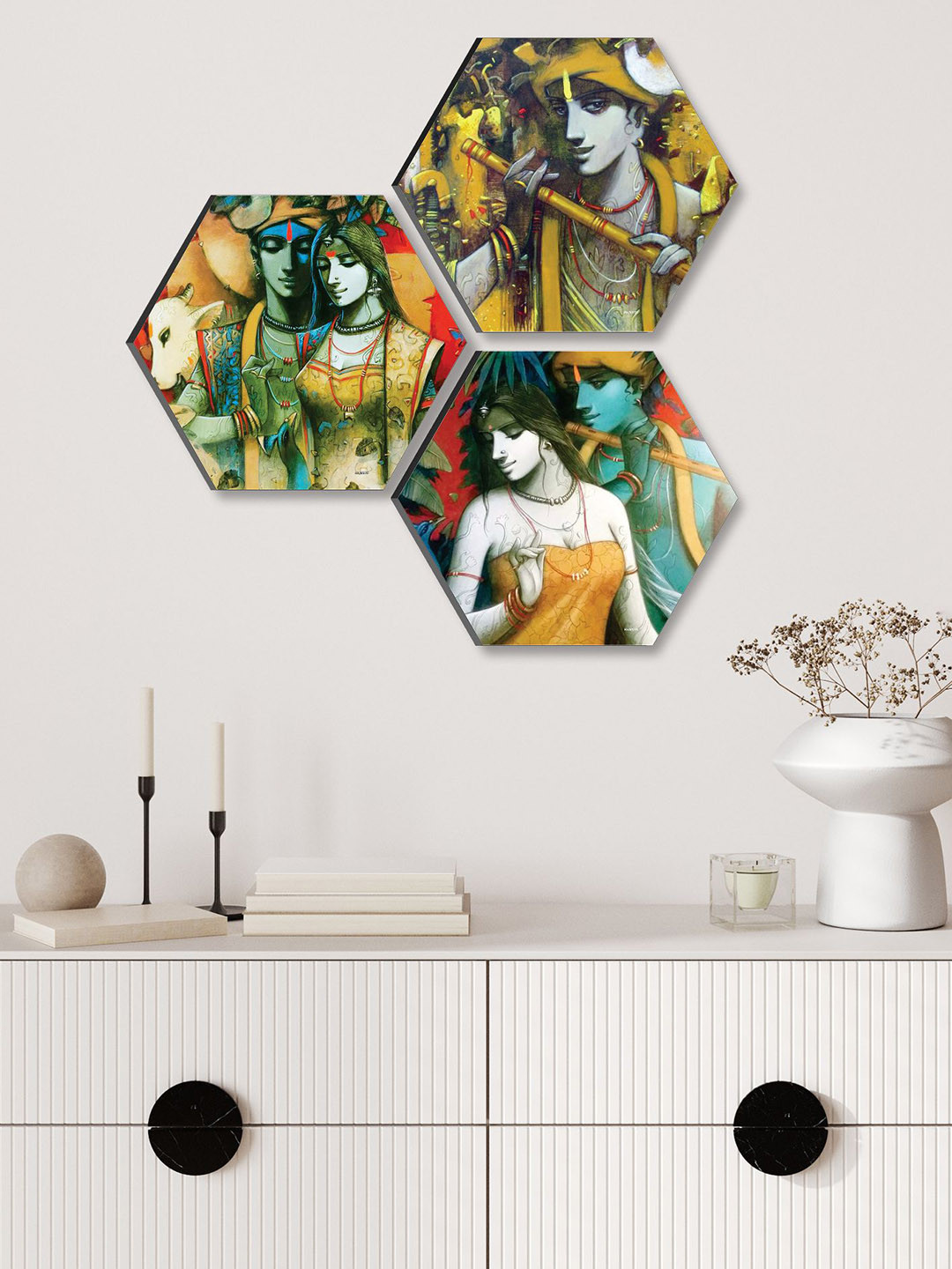 SAF Radha Krishna Paper Wall Hexagon Paintings Wall Art -17 x 17 In
