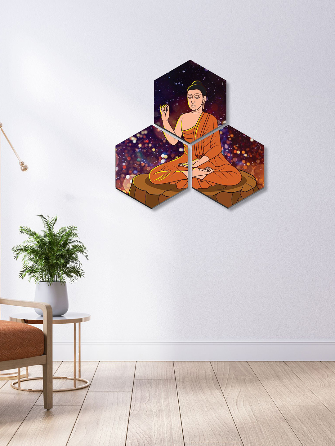 SAF Lord Buddha Canvas 3 Piece Wall Hexagon Paintings Wall Art -17 x 17In