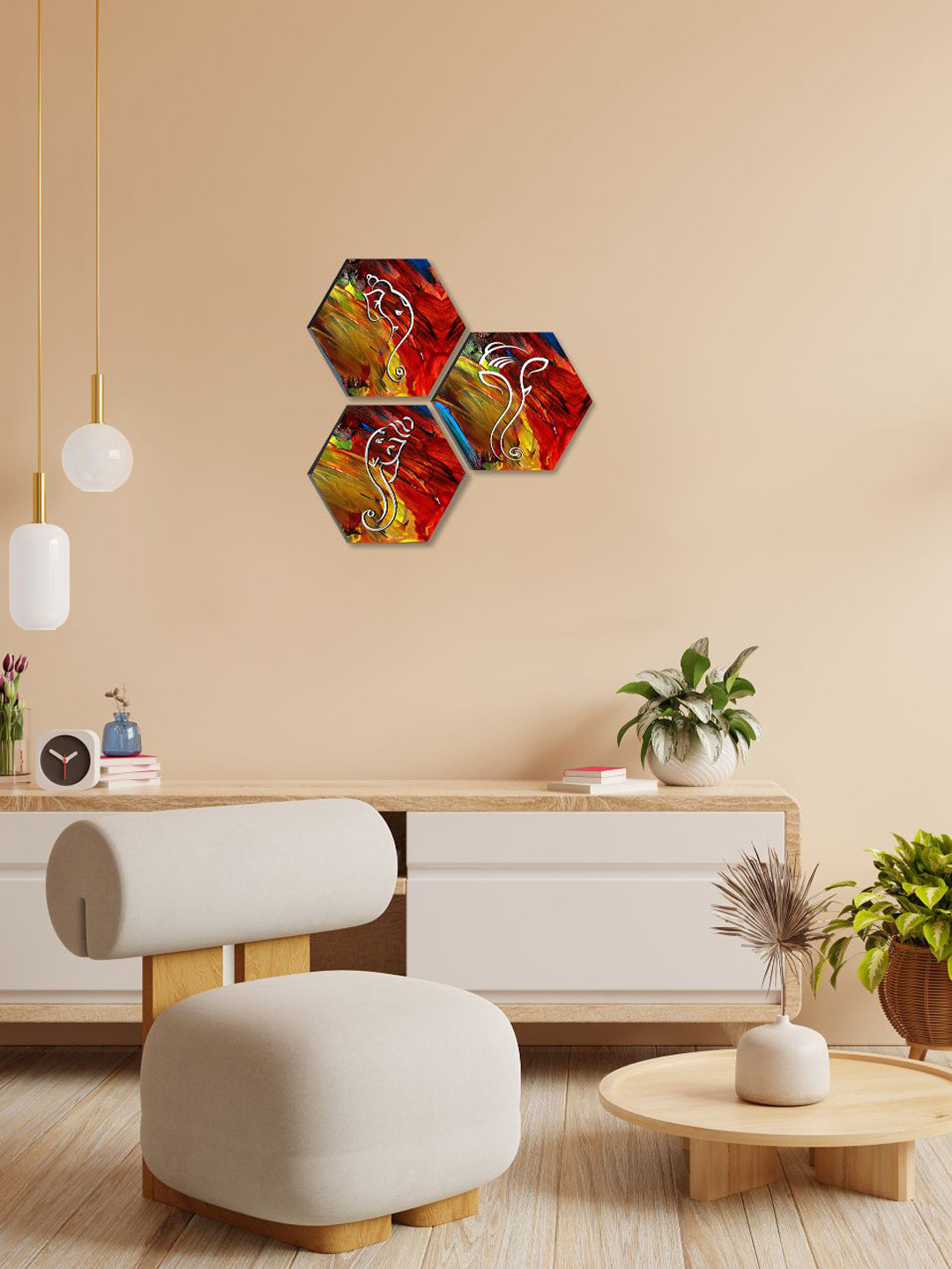 SAF 3 Piece Lord Ganesha Printed Hexagon Self Adhesive Waterproof Wall Art- 17x7In