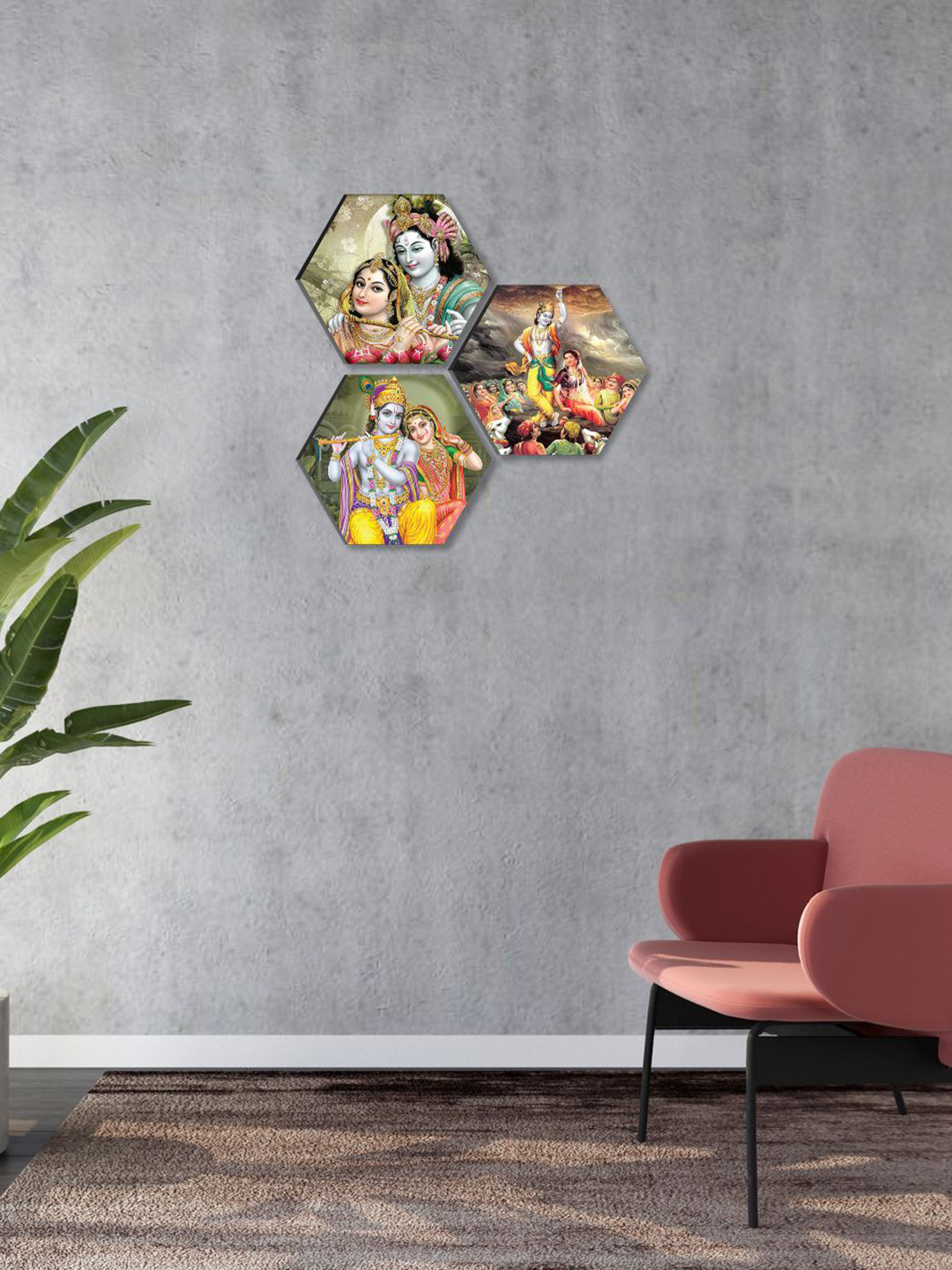 SAF Radha Krishna Hexagon Paper 3 Piece Wall Portrait Paintings Wall Art-16.9 x 16.9In