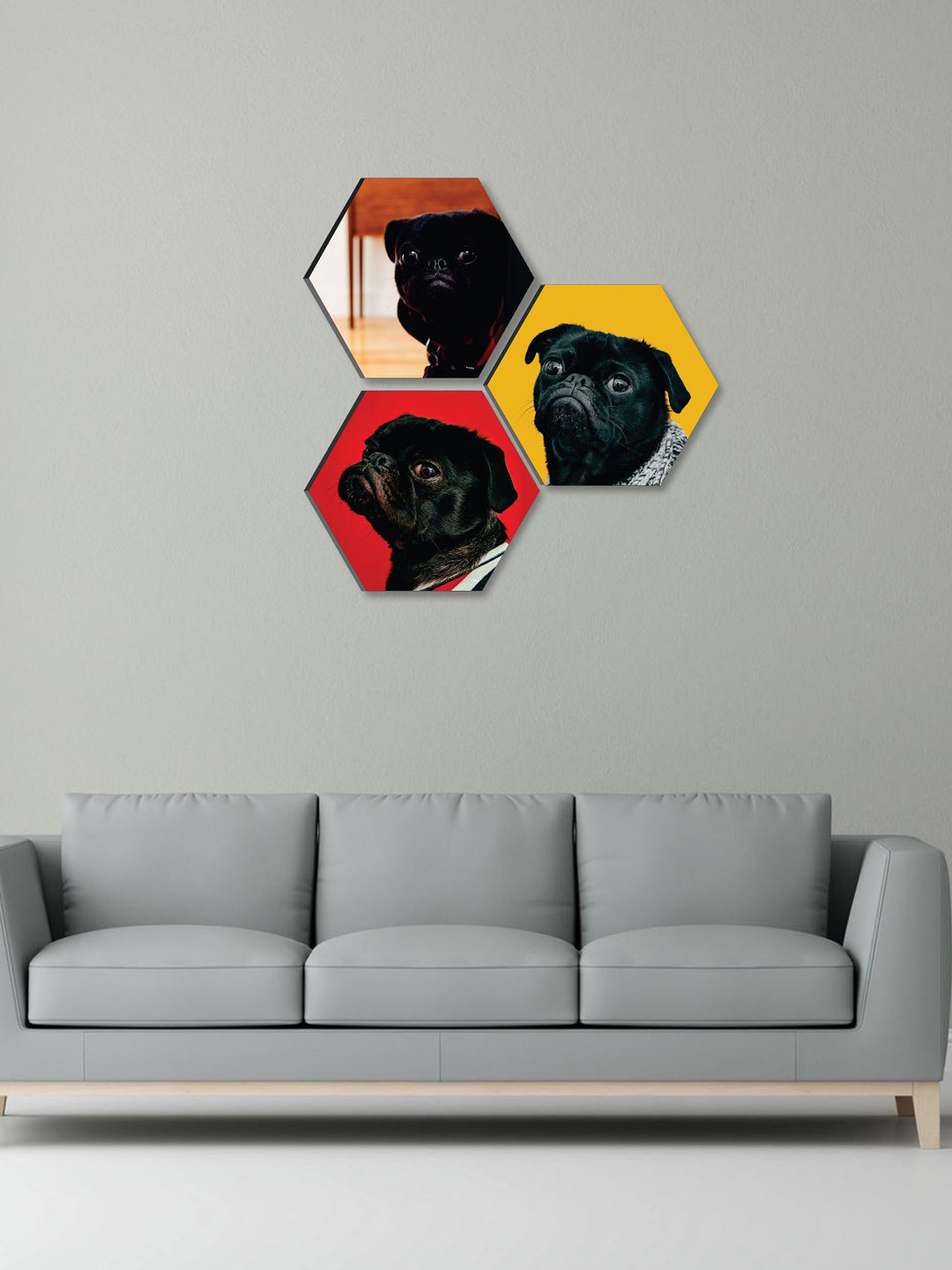 SAF Red & Yellow 3 Pieces Cute Pug Painting Hexagon UV Textured Wall Arts