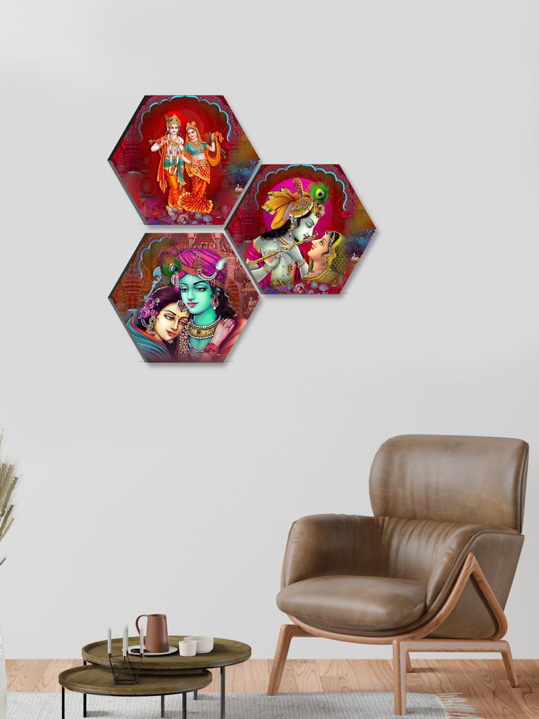 SAF Red & Blue 3 Pieces Radha Krishna Painting Hexagon UV Textured Wall Arts