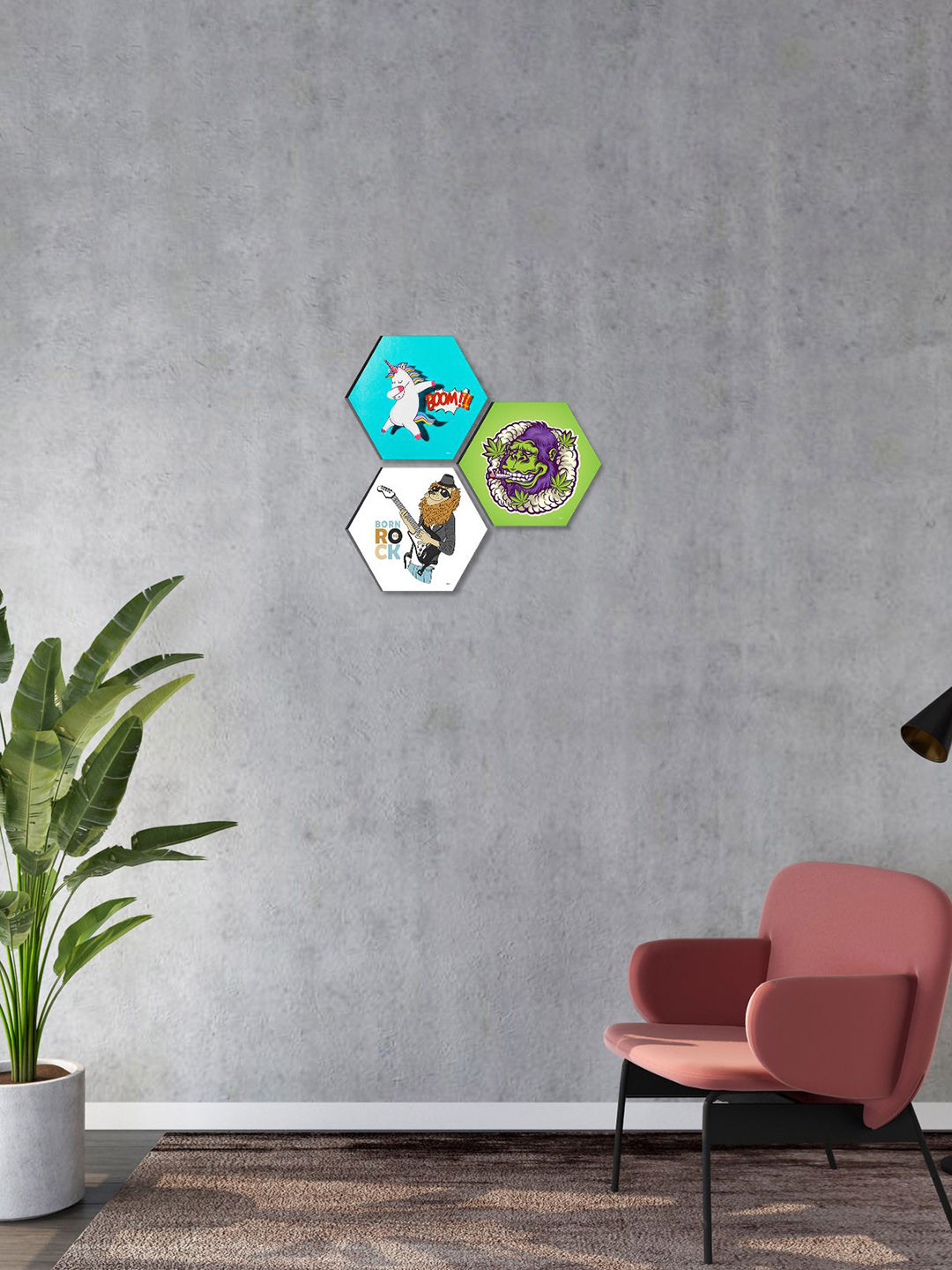 SAF Blue Paper 3 Pcs Wall Kids Room Hexagon Potrait Paintings Wall Art -16.93 x 16.93In