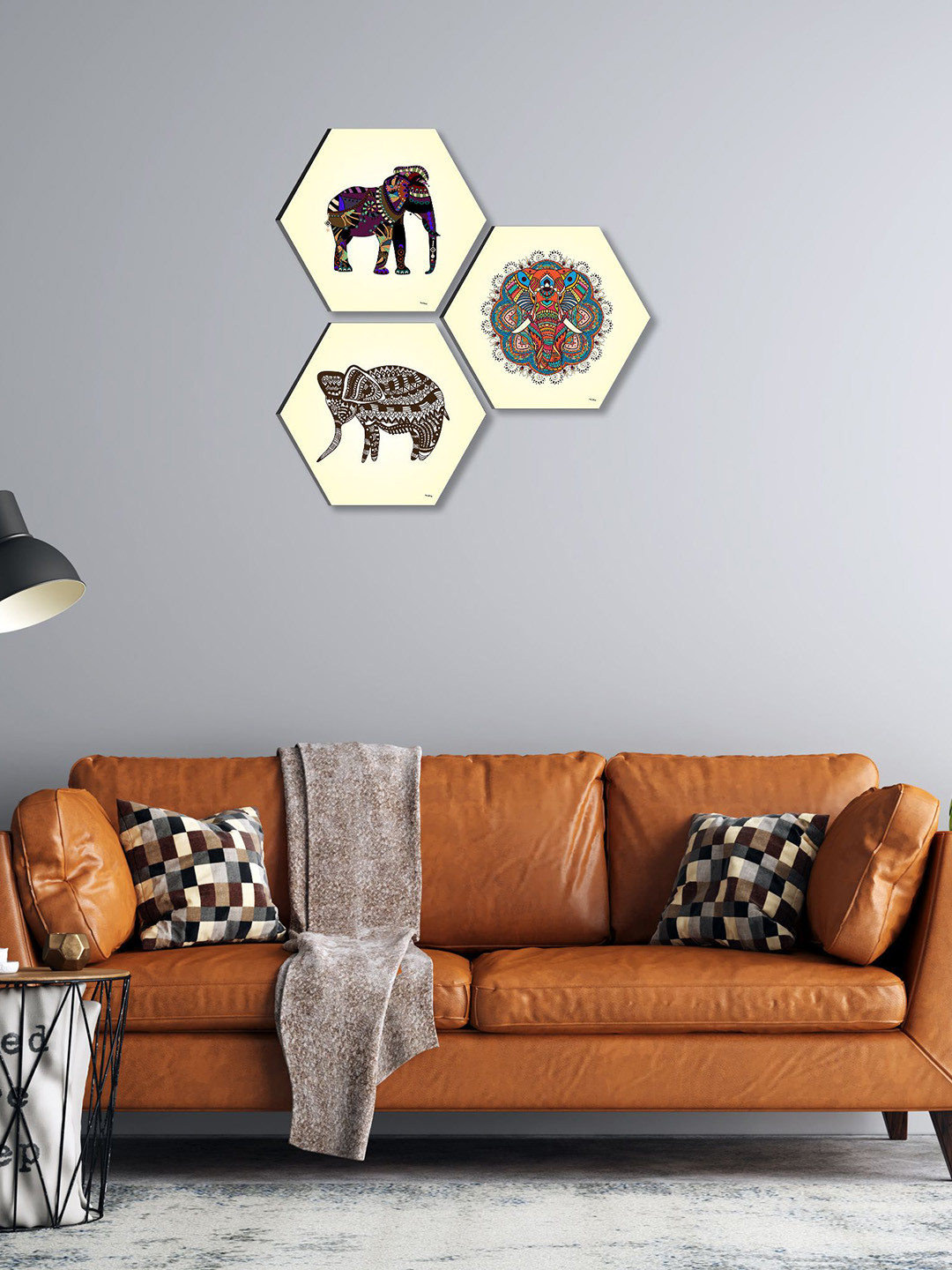 SAF Traditional Elephant Paper 3 Piece Wall Triangle Paintings Wall Art - 17 x 17In