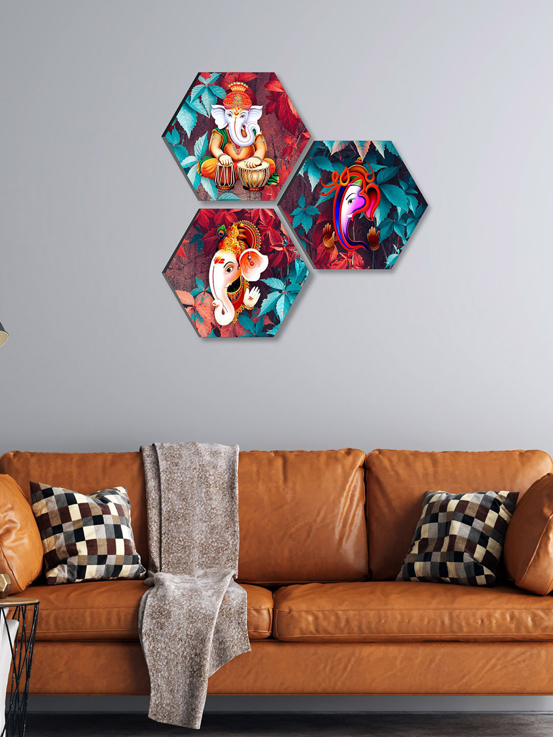 SAF Lord Ganesha Paper 3 Piece Wall Hexagon Paintings Wall Art -17 x 17 In
