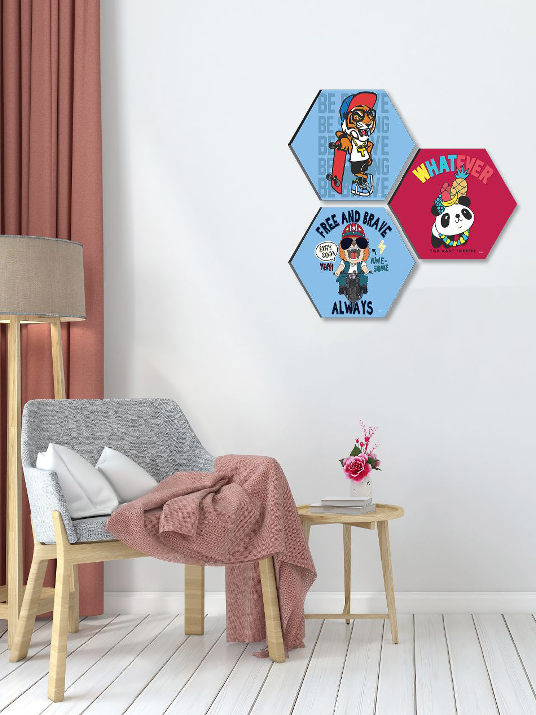 SAF Kids Blue & Red 3 Pieces Painting Hexagon UV Textured Wall Arts