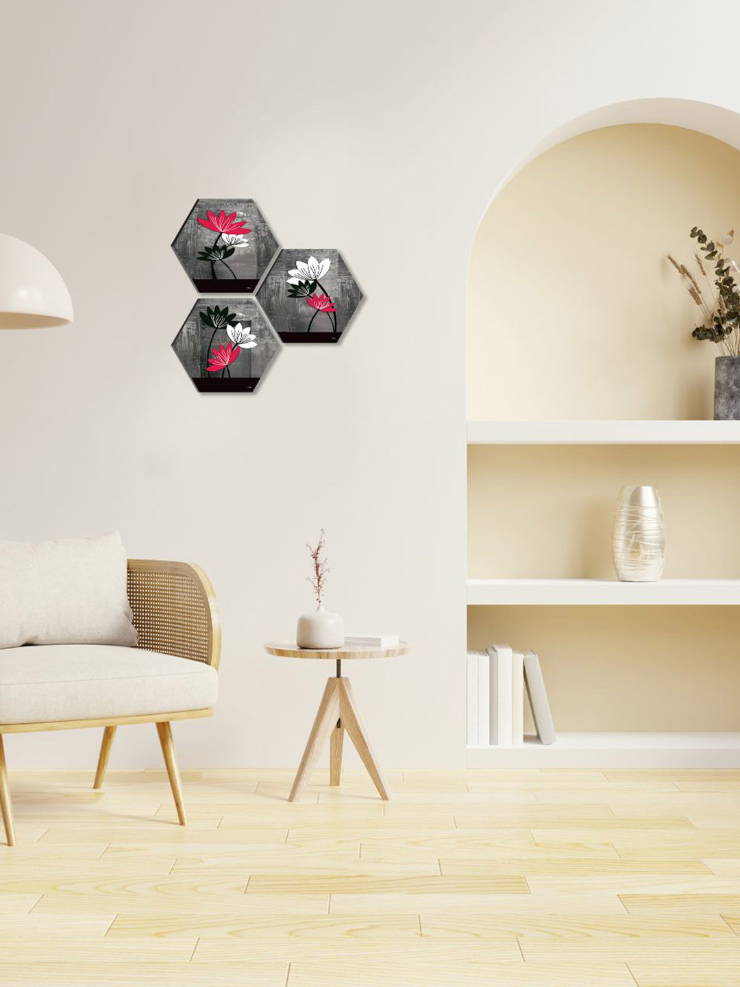 SAF Abstract Flower Paper 3 Piece Wall Hexagon Paintings Wall Art -17 x 17 In