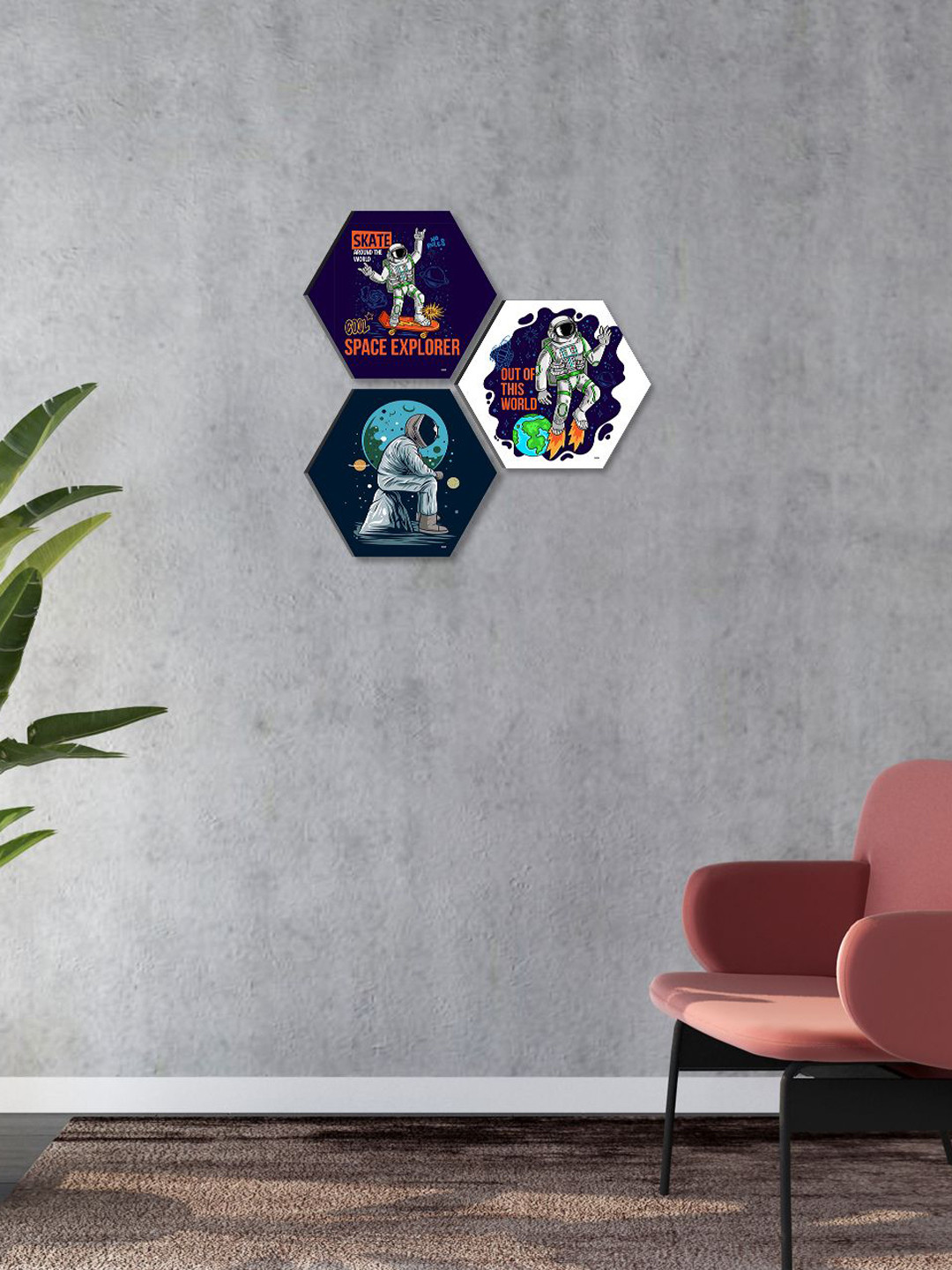 SAF Blue Paper 3 Pcs Wall Kids Room Hexagon Potrait Paintings Wall Art -16.93 x 16.93In