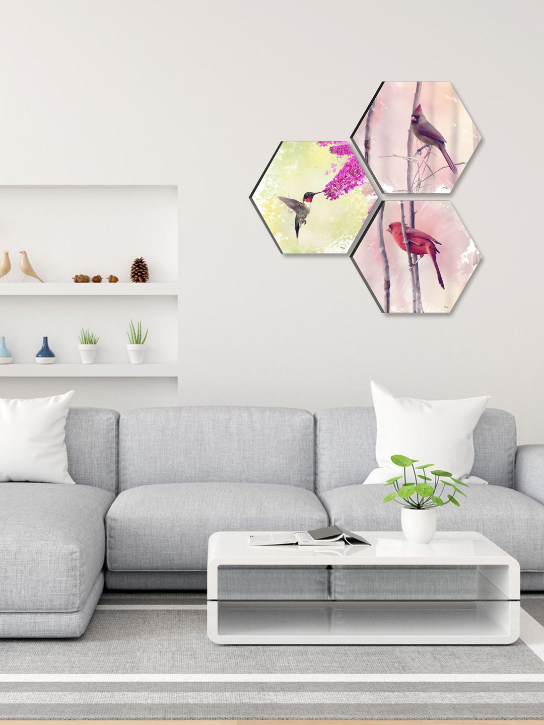 SAF Pink 3 Pieces Bird Painting Hexagon UV Textured Wall Arts