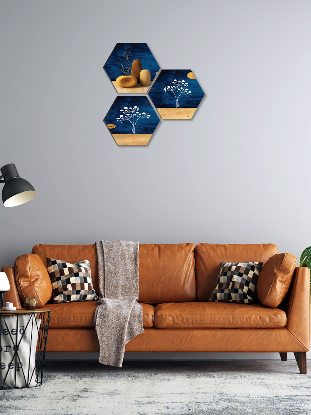 SAF Yellow & Blue 3 Pieces Flower Pot Painting Hexagon UV Textured Wall Arts