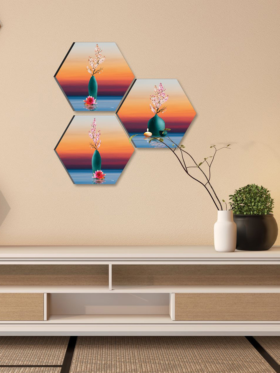 SAF Orange-Colored 3 Pieces Tribal Painting Hexagon UV Textured Wall Arts