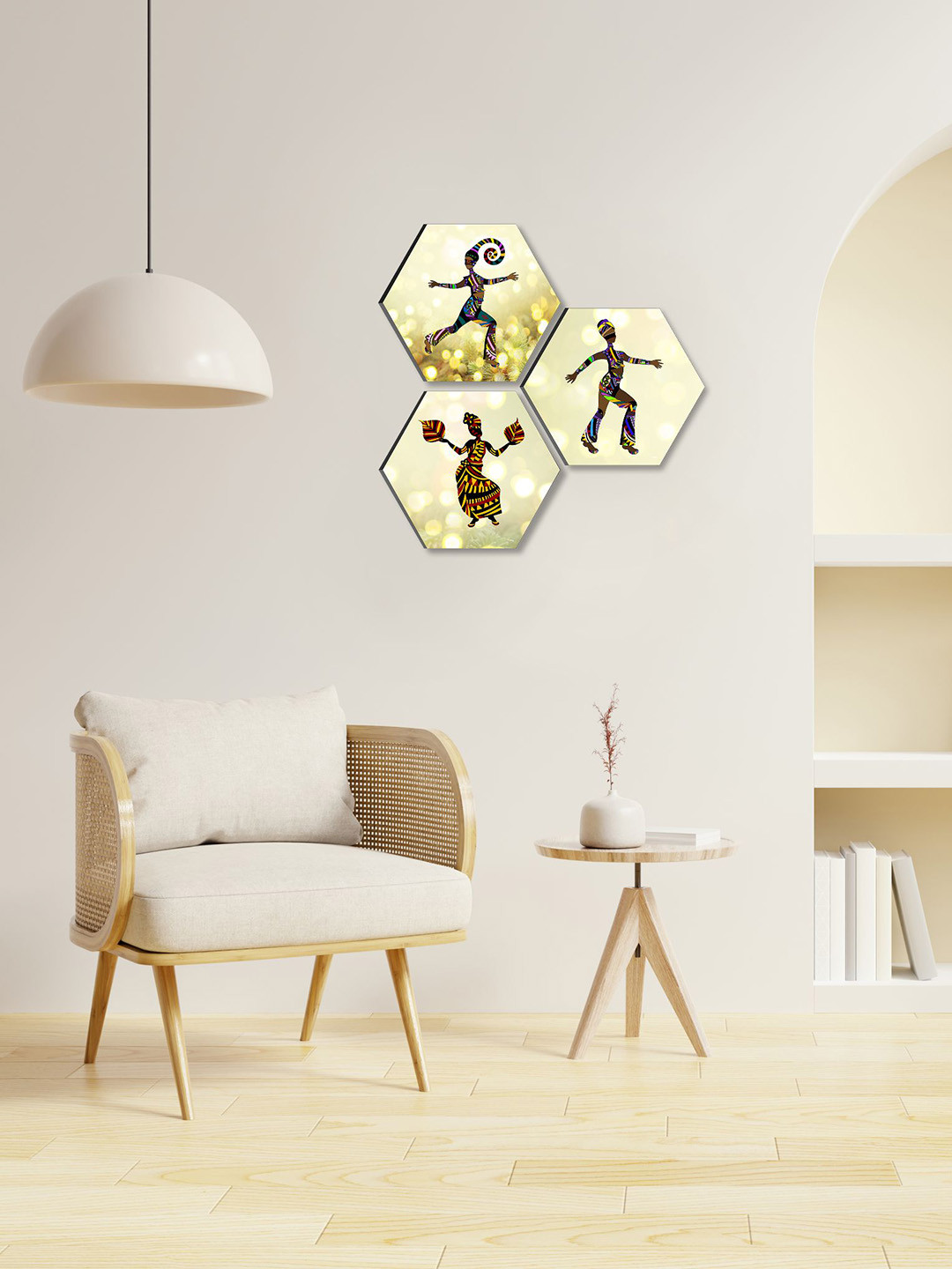 SAF Tribal Paper 3 Piece Wall Hexagon Paintings Wall Art -17 x 17 In