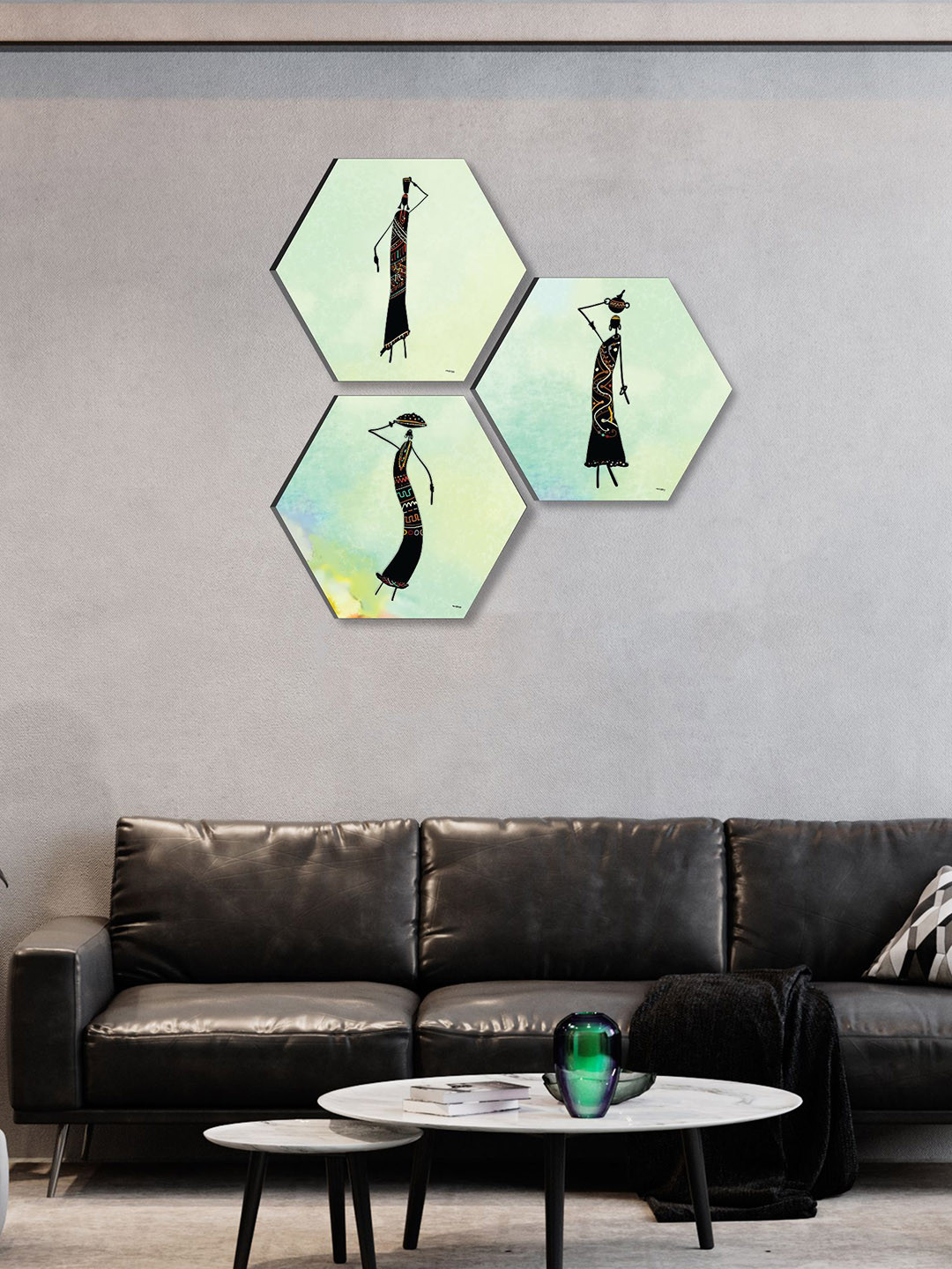 SAF Green & Black 3 Pieces Painting Hexagon UV Textured Wall Arts