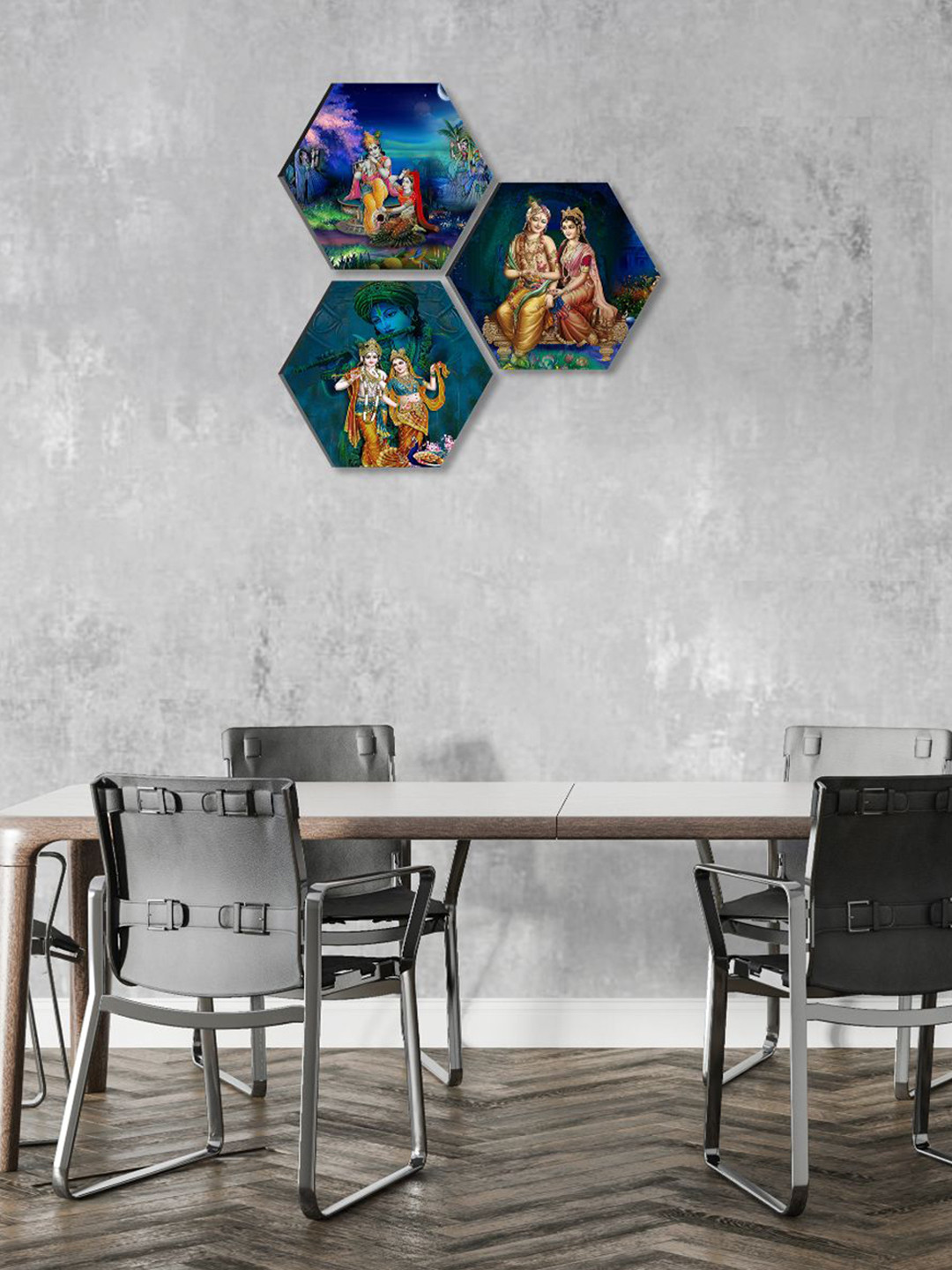SAF Blue & Green 3 Pieces Radha Krishna Painting Hexagon UV Textured Wall Arts