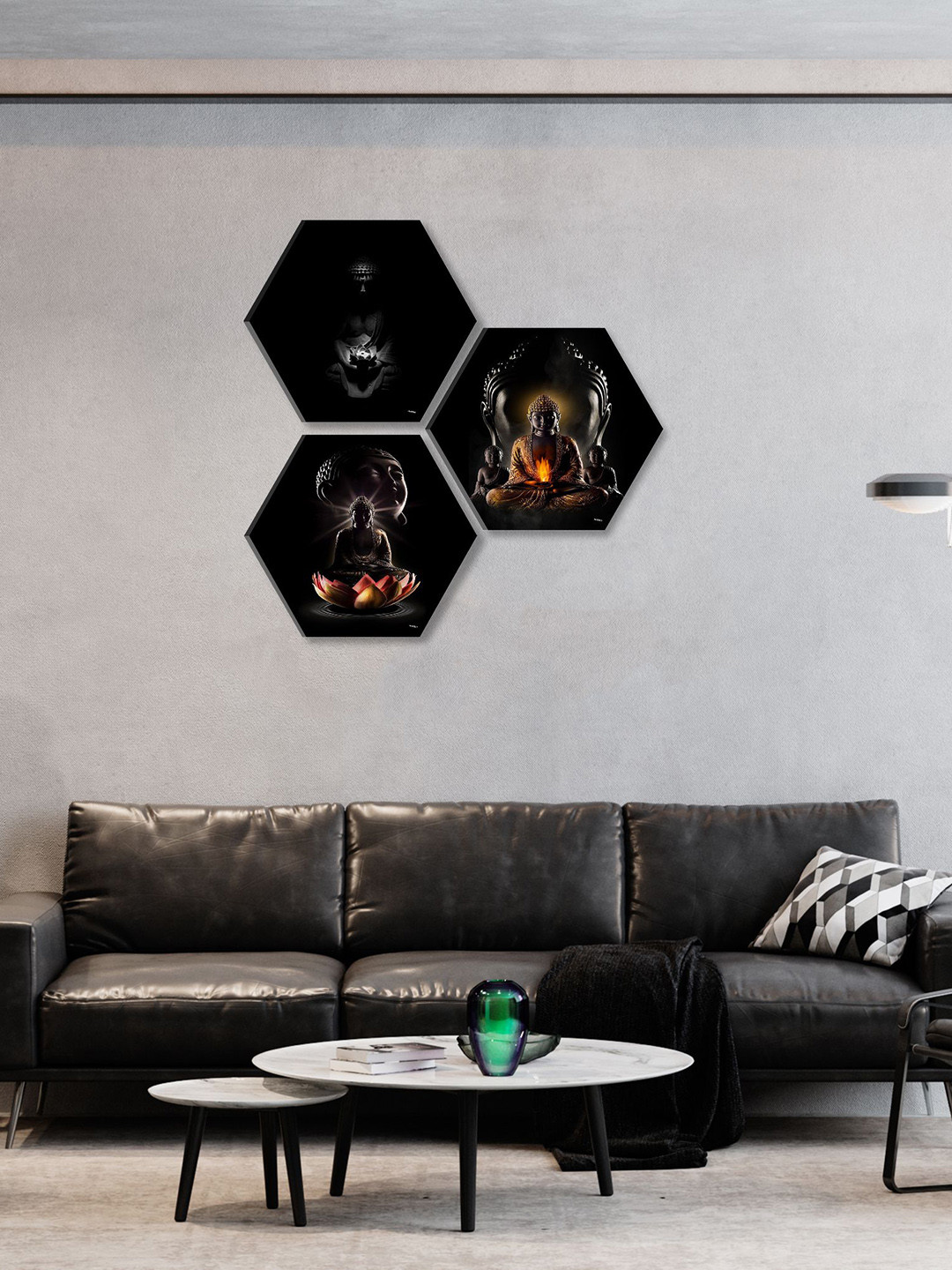 SAF Black & Orange3 Pieces Lord Buddha Painting Hexagon UV Textured Wall Arts