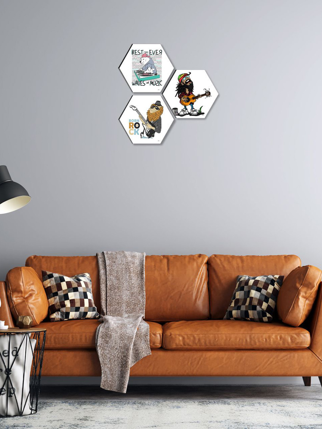 SAF White & Black 3 Pieces Abstract Painting Hexagon UV Textured Wall Arts