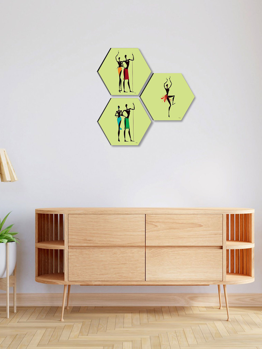 SAF Green & Black 3 Pieces Abstract Painting Hexagon UV Textured Wall Arts