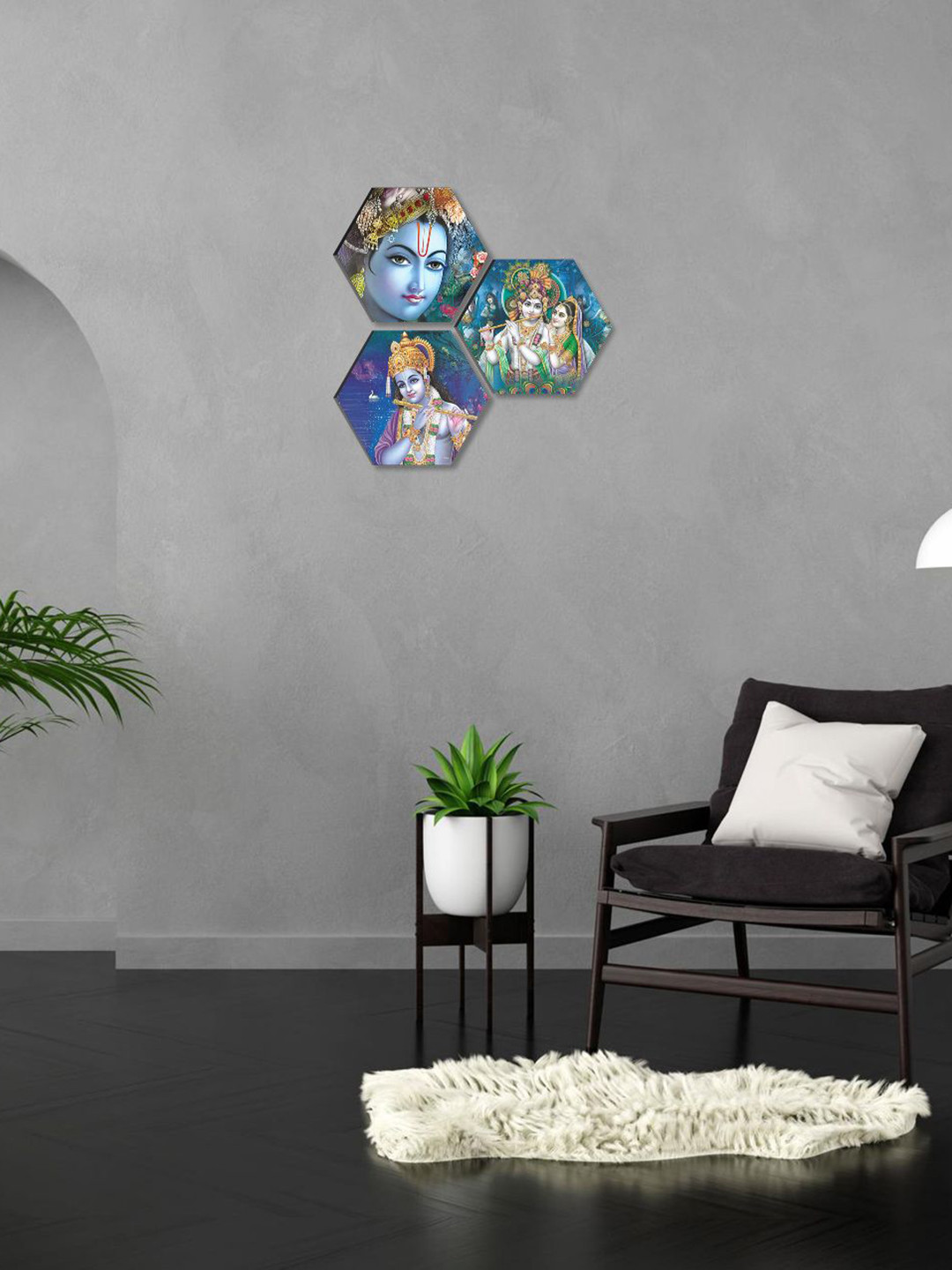 SAF Blue & Green 3 Pieces Radha Krishna Painting Hexagon UV Textured Wall Arts