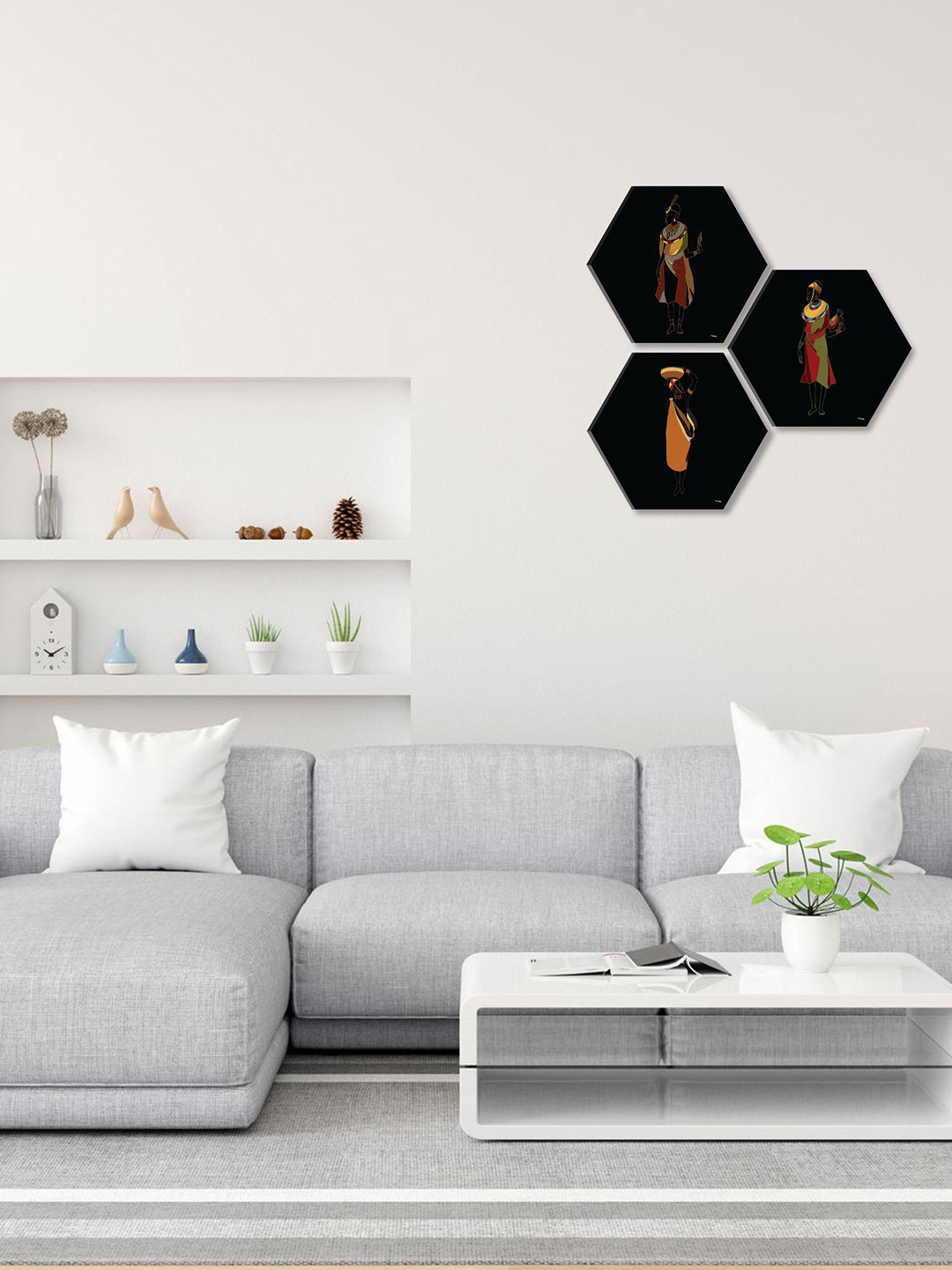 SAF Black Paper 3 Pcs Wall Living Room Hexagon Potrait Paintings Wall Art -16.93 x 16.93In