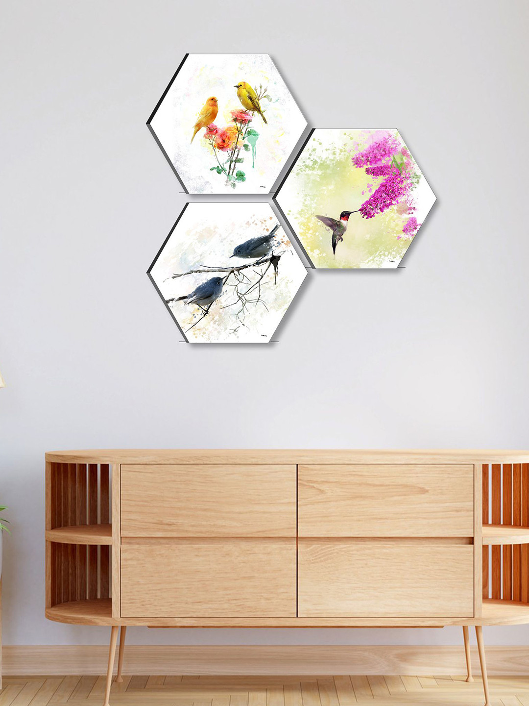 SAF White & Purple 3 Pieces Birds Painting Hexagon UV Textured Wall Arts