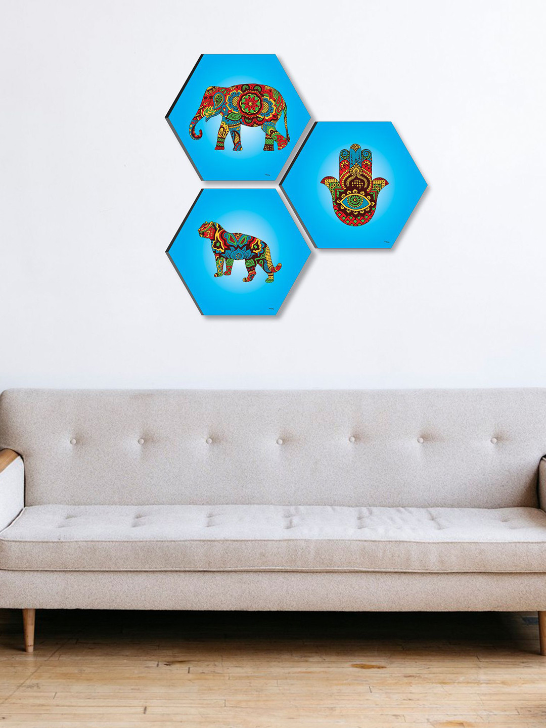 SAF Traditional Elephant Paper 3 Piece Wall Hexagon Paintings Wall Art - 17 x 17 In