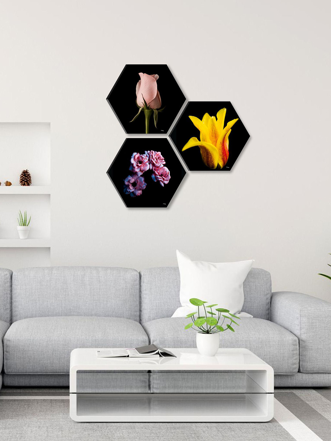 SAF Black & Yellow 3 Pieces Flowers Painting Hexagon UV Textured Wall Arts