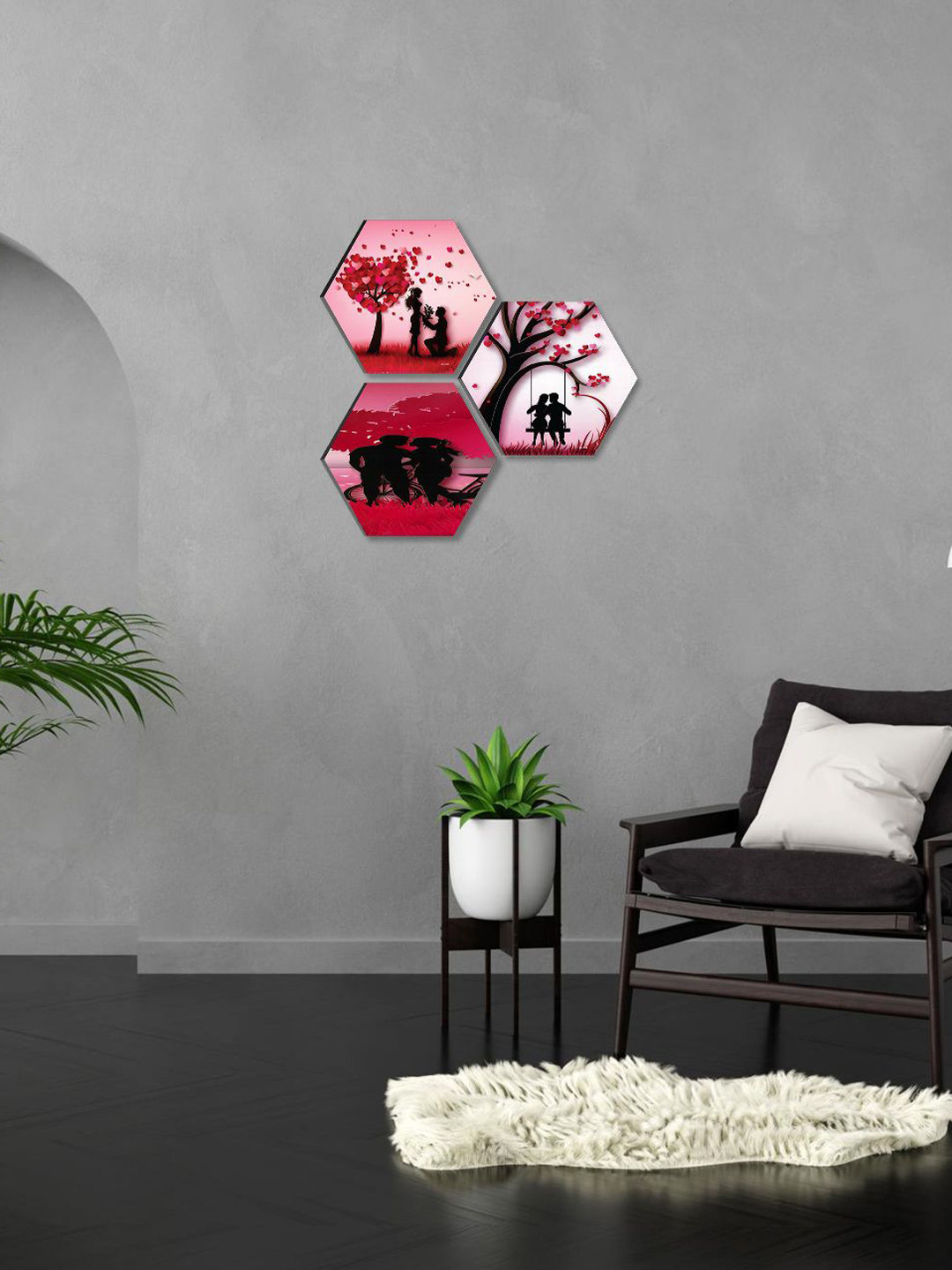SAF Pink & Black 3 Pieces Romantic Couple Painting Painting Hexagon UV Textured Wall Arts