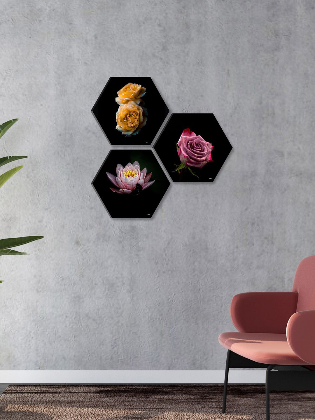 SAF Black 3 Pieces Flower Painting Hexagon UV Textured Wall Arts