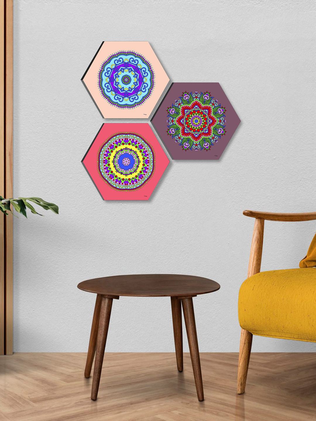 SAF Pink & Cram-Coloured 3 Pieces Traditional Painting Hexagon UV Textured Wall Arts
