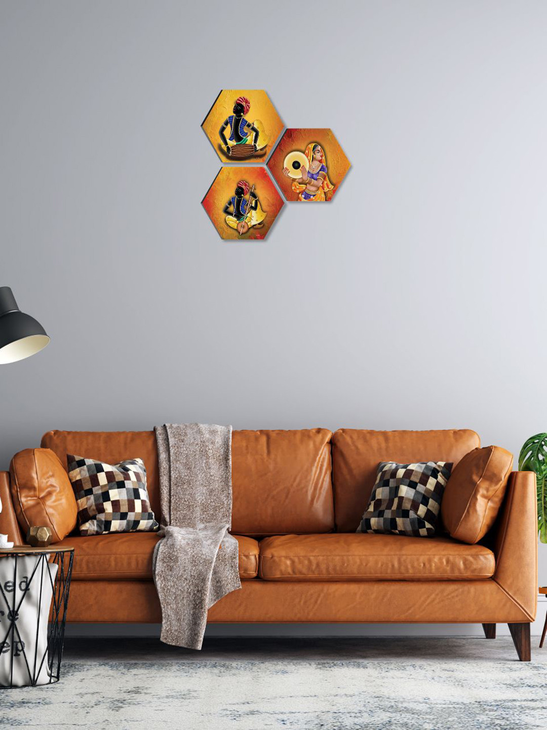 SAF Yellow & Black 3 Pieces Rajasthani Culture Painting Hexagon UV Textured Wall Arts