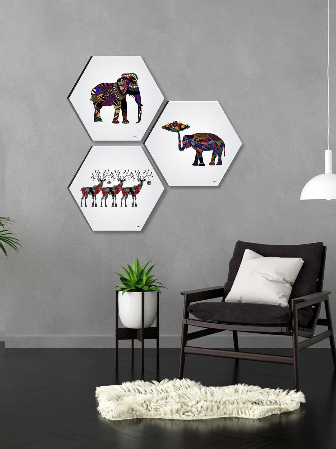 SAF Traditional Elephant Paper 3 Piece Wall Hexagon Paintings Wall Art - 17 x 17 In