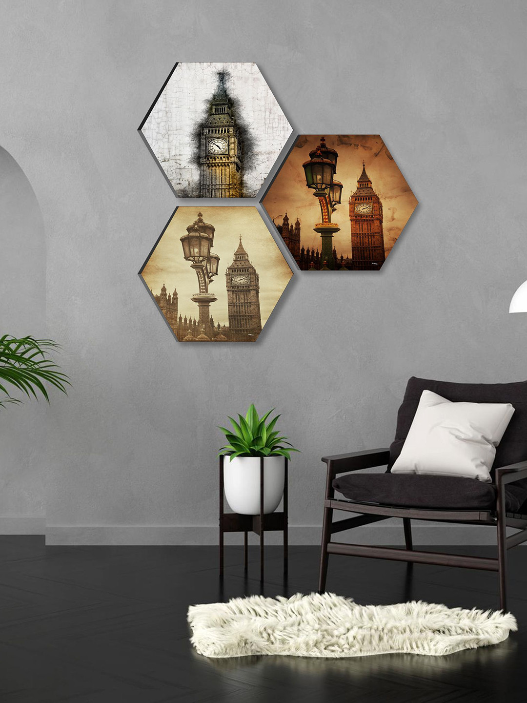 SAF Beige & Grey 3 Pieces Abstract Building Painting Hexagon UV Textured Wall Arts