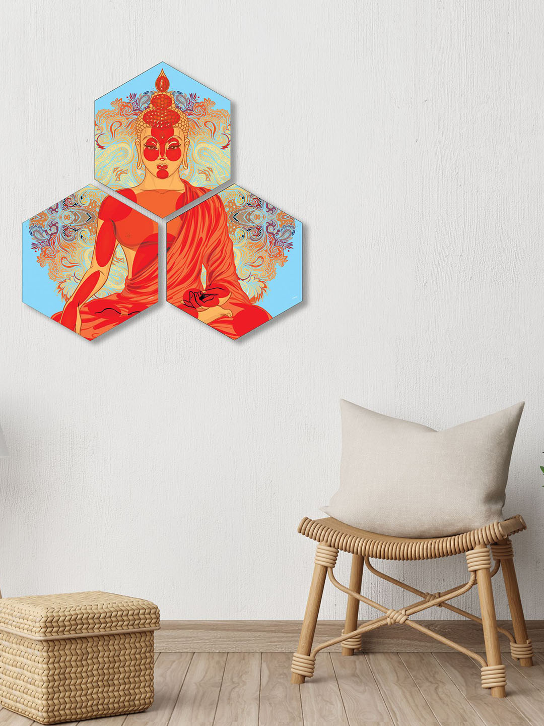 SAF Red & Blue 3 Pieces Lord Buddha Hexagon Self Adhesive Wooden Wall Arts