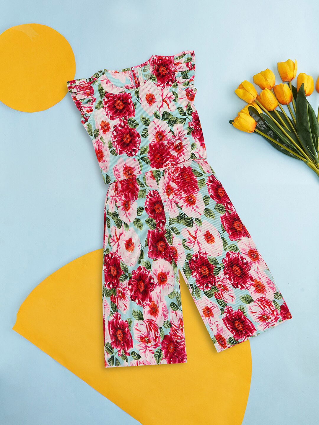 Pantaloons Junior Girls Floral Print Flutter Sleeve Pure Cotton Top With Palazzos