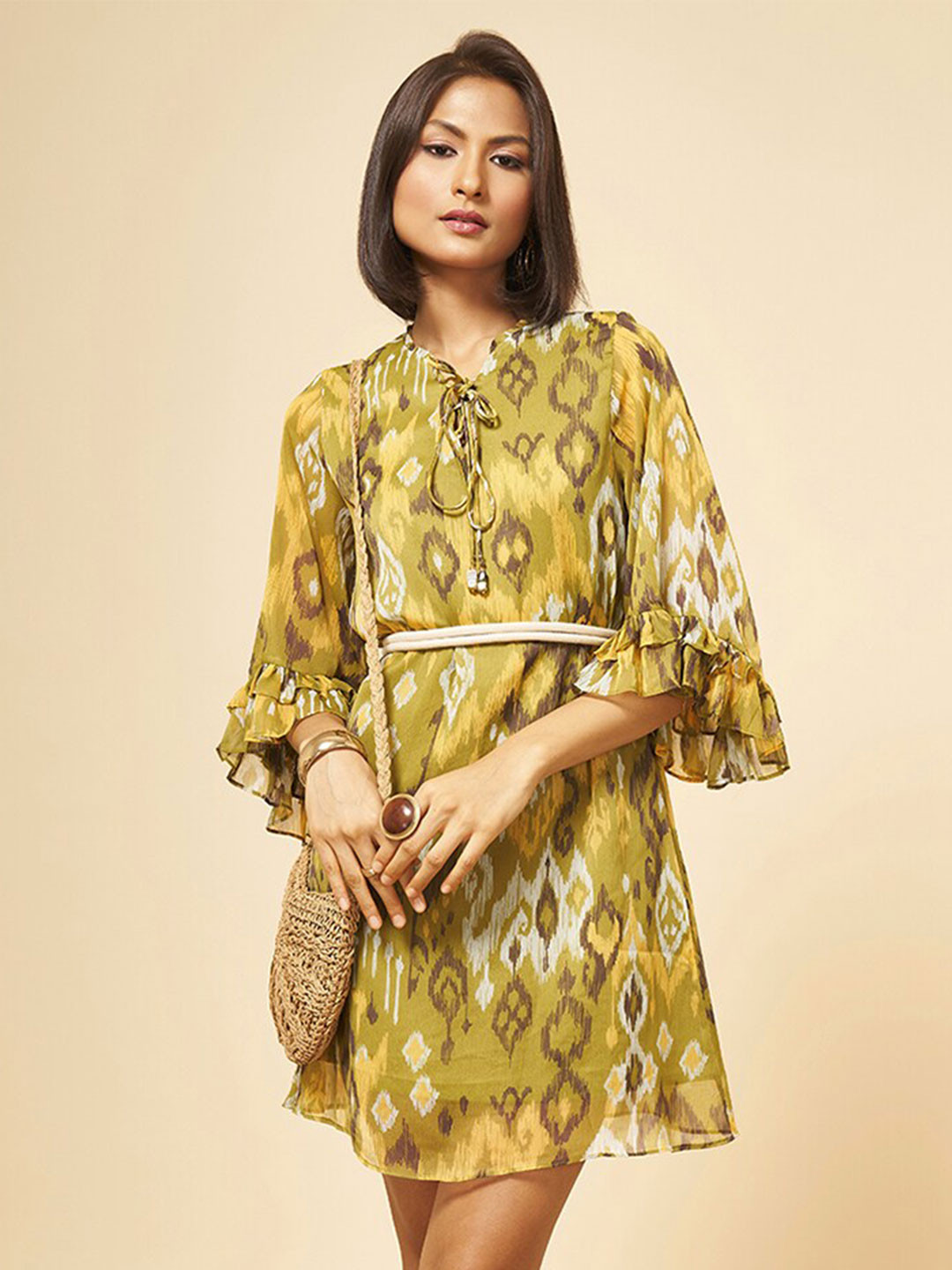 Marigold Lane Green Floral Print Bell Sleeve A-Line Dress