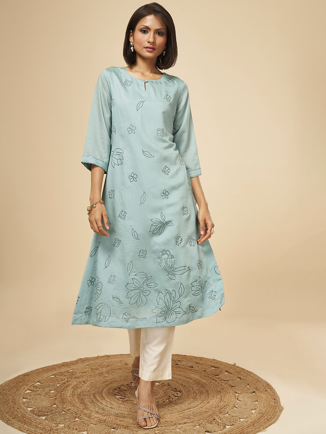 Marigold Lane Embellished Keyhole Neck A-Line Chanderi Silk Kurta