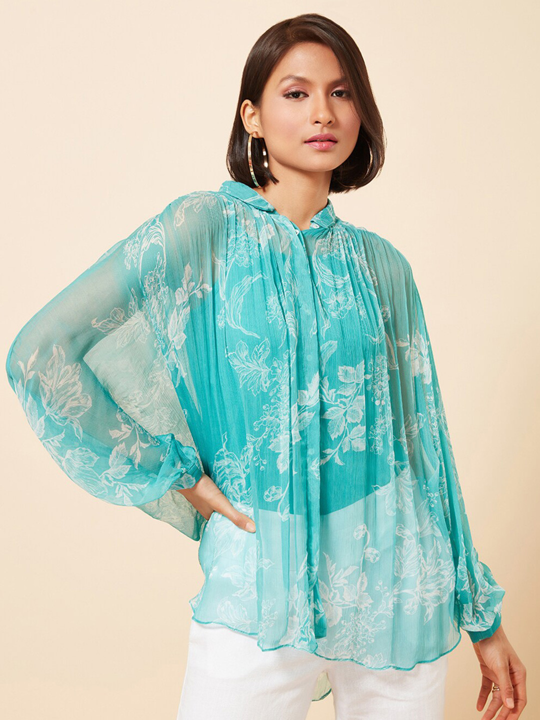 Marigold Lane Floral Printed Semi Sheer Shirt Style Top