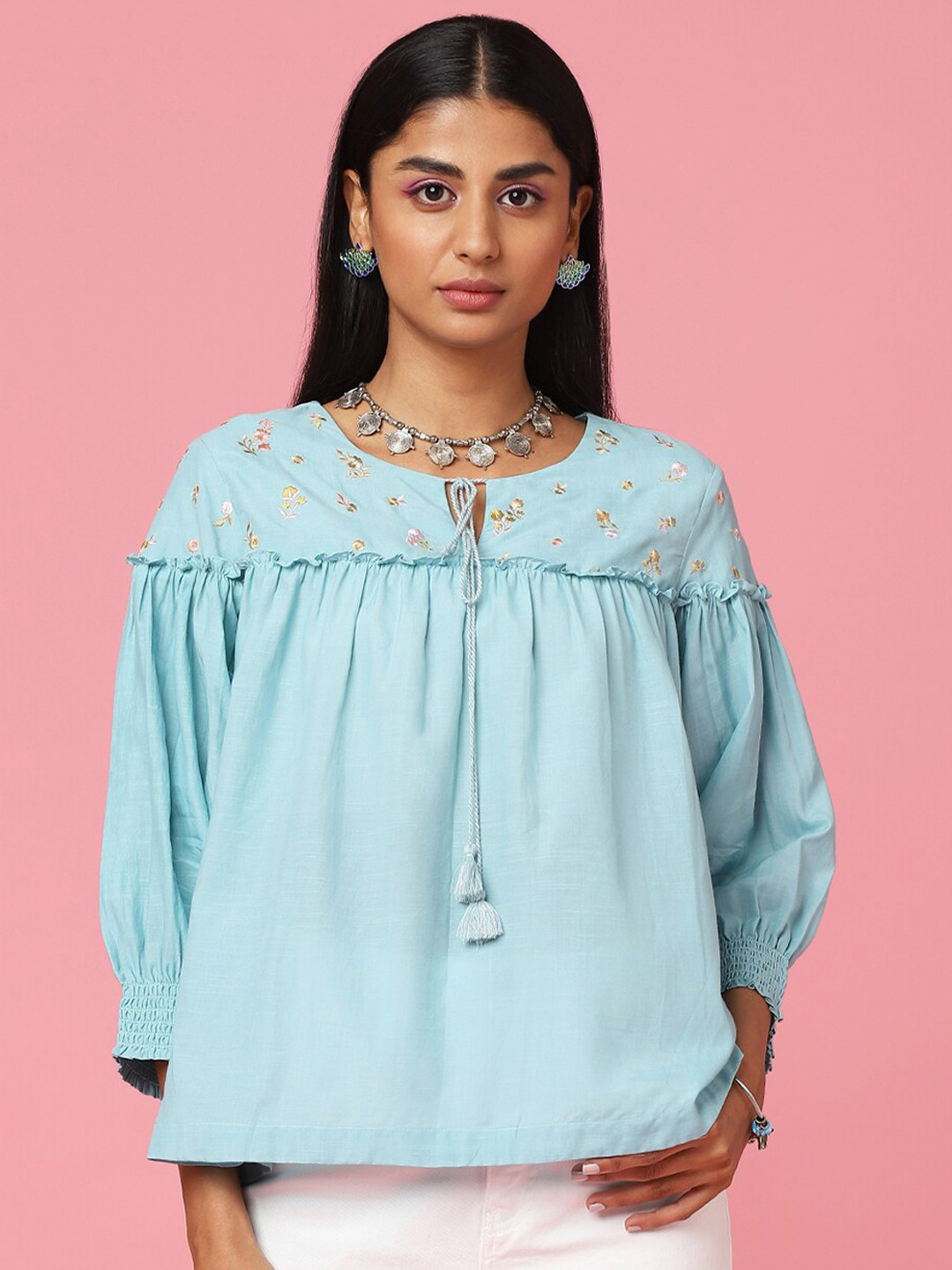 Marigold Lane Blue Tie-Up Neck Puff Sleeves Cotton Top
