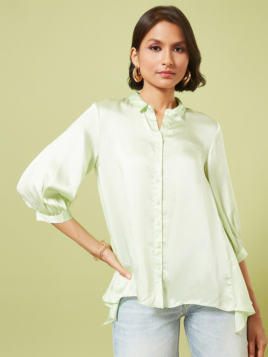 Marigold Lane Puff Sleeves Satin Shirt Style Top