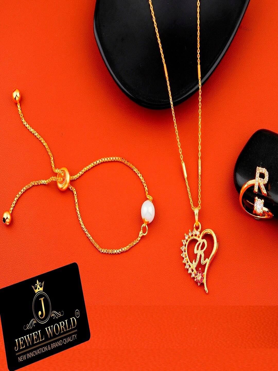 JEWEL WORLD Gold-Plated R Letter Necklace With Ring