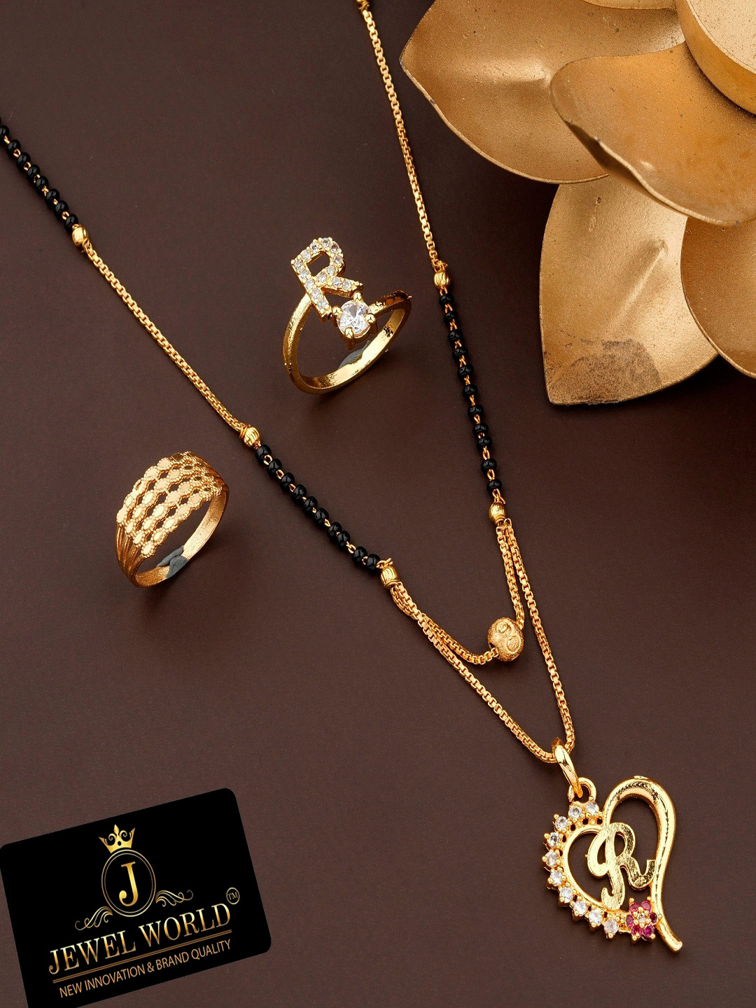 JEWEL WORLD Set Of 3 Gold-Plated Stone-Studded & Beaded R Design Mangalsutra & Rings